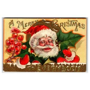 Vintage Embossed Santa Claus Christmas Postcard 1908 Holly Berries Festive